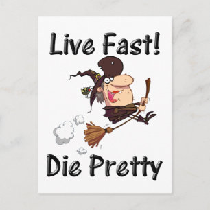 witch on broom with text briefkaart