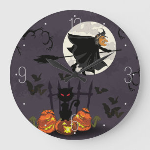 Witch on broomstick, black cat, pumpkins Halloween Grote Klok