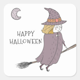 Witch on Flying Broomstick Happy Halloween Vierkante Sticker