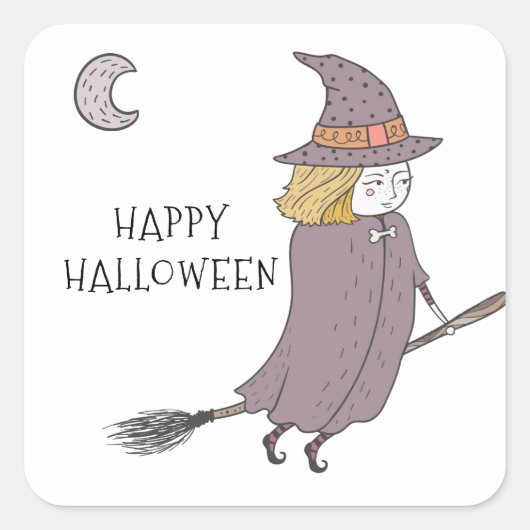 Witch on Flying Broomstick Happy Halloween Vierkante Sticker (Voorkant)