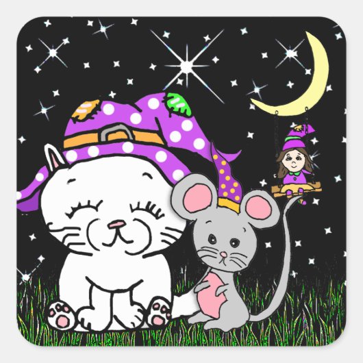 Witch on Moon Cat and Mouse Halloween Vierkante Sticker (Voorkant)