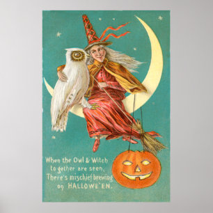 Witch Owl Crescent Moon Jack O Lantern Poster