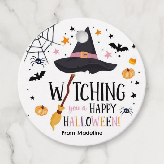 Witch Pet Broom Happy Halloween Spiderweb Spooky Bedankjes Labels (Voorkant)