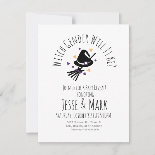 Witch Pet en Broom Halloween Herfst Gender onthull Kaart (Voorkant)