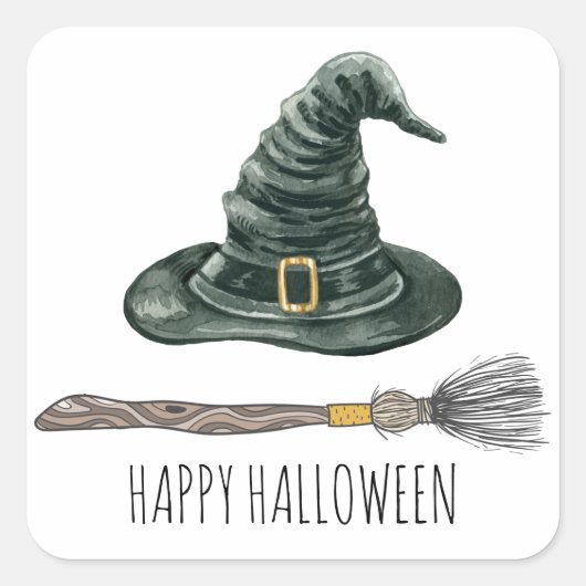 Witch Pet en Broomstick Halloween Party Vierkante Sticker (Voorkant)