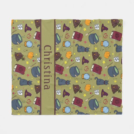 Witch Pet Potion Cat Pumpkin Sage Green Fleece Deken (Voorkant (Horizontaal))