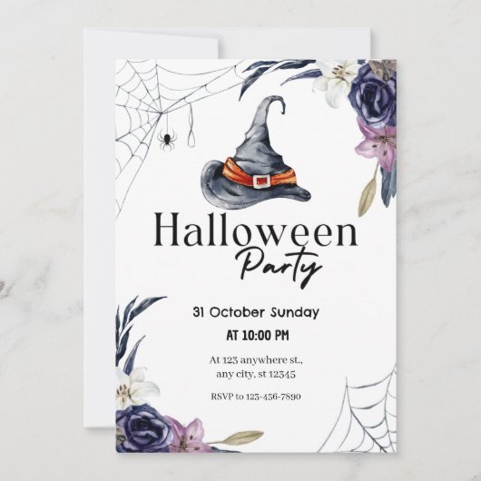 Witch Pet & Spiderweb Waterverf Halloween Party Kaart (Voorkant)