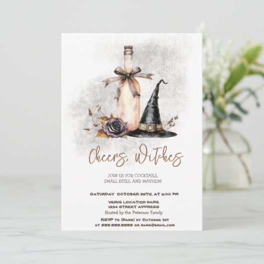 Witch Pet Wine Flower Halloween Party Invitation Kaart (Staand voorkant)