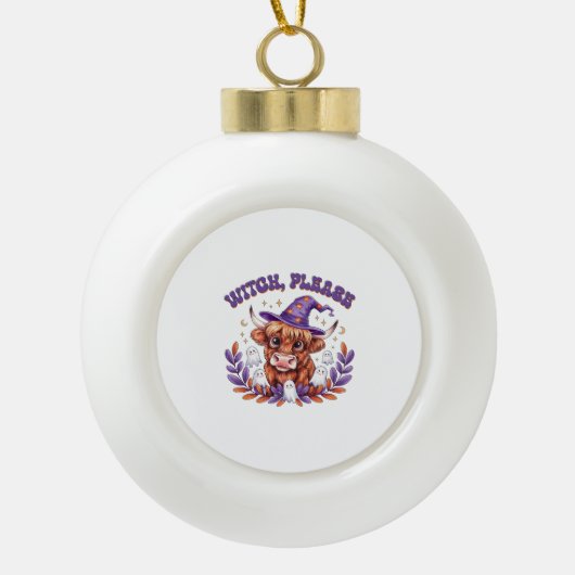 Witch Please Highland Cow Halloween Keramische Bal Ornament (Voorkant)