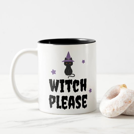 Witch Please met Schattigee zwarte kat Halloween Tweekleurige Koffiemok (Met donut)
