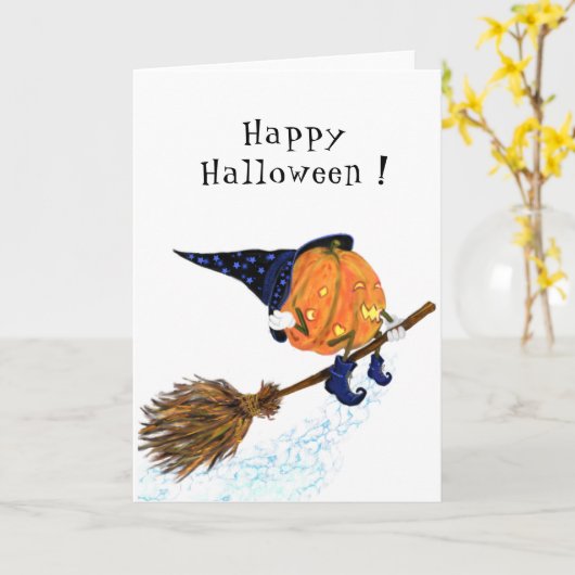 Witch pompoen vliegen grappig halloween Kaart (Gele Bloem)