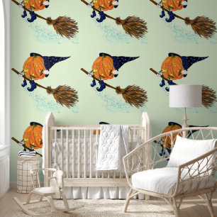 Witch Pompoen Vliegen met Broom Grappig Halloween Behang