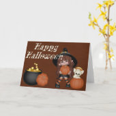 Witch, pompoenen, kat en Cauldron Happy Halloween Kaart (Gele Bloem)
