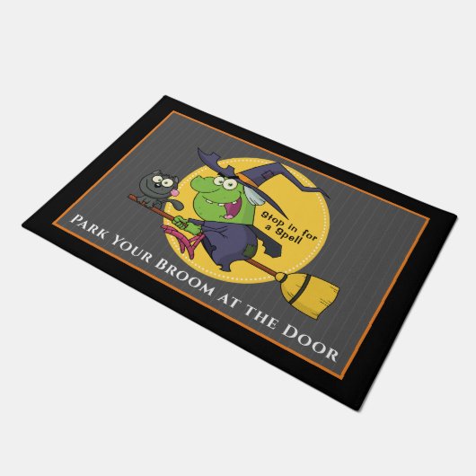 Witch Riding Broomstick Creepy Cat Halloween Deurmat (Schuin)