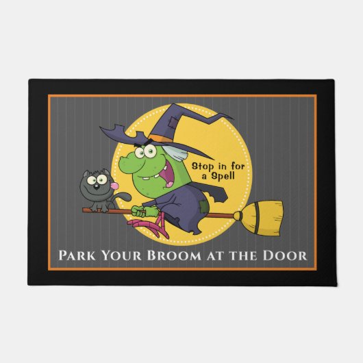 Witch Riding Broomstick Creepy Cat Halloween Deurmat (Voorkant)