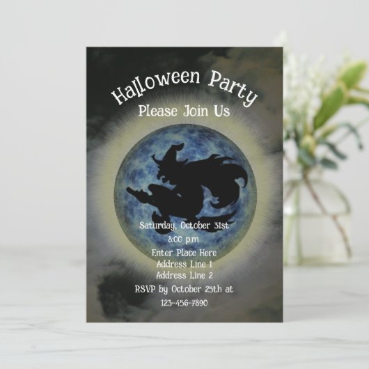 Witch Riding Broomstick Halloween Kaart (Staand voorkant)