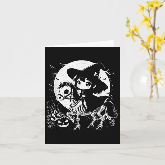 Witch Riding Horse Skeleton Schattige Spooky Hallo Kaart (Gele Bloem)