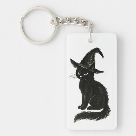 Witch’s Cat – Black Ink Halloween Illustration on  Sleutelhanger (Voorkant)