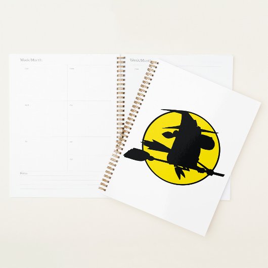 Witch Silhouette Flying on Broom Against Full Moon Planner