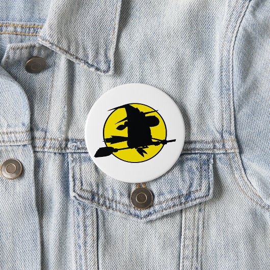 Witch Silhouette Flying on Broom Against Full Moon Ronde Button 7,6 Cm