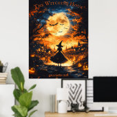 Witch Silhouette Halloween - Volle Maan & Dorp Poster (Thuiskantoor)