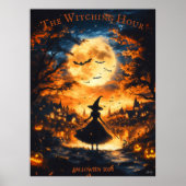 Witch Silhouette Halloween - Volle Maan & Dorp Poster (Voorkant)