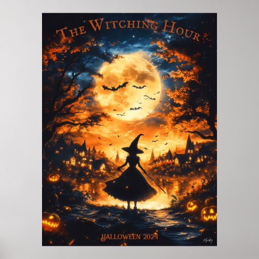Witch Silhouette Halloween - Volle Maan & Dorp Poster (Voorkant)