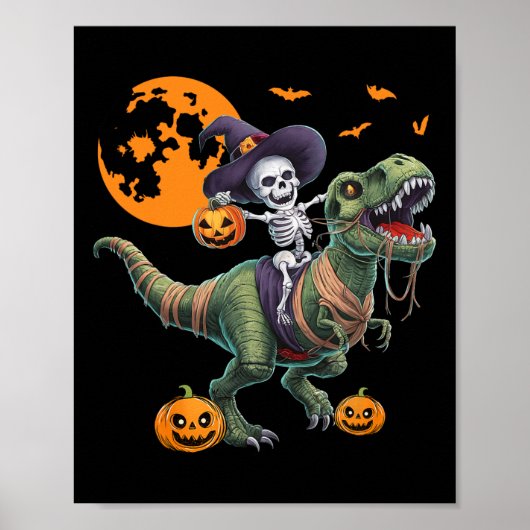 Witch Skeleton Riding Dinosaur T Rex Halloween Fun Poster (Voorkant)