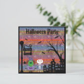 Witch & Skeleton Spooky Town Halloween Party Kaart (Staand voorkant)
