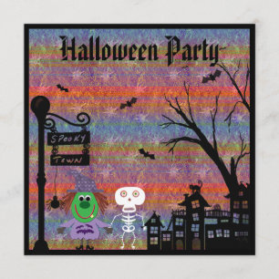 Witch & Skeleton Spooky Town Halloween Party Kaart