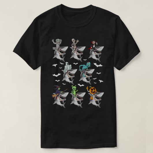 Witch Skeleton Zombie Mummy Vampire Riding Shark H T-shirt (Design voorkant)