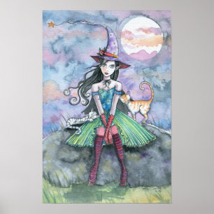 Witch Tabby Cats Moon Art Print Poster