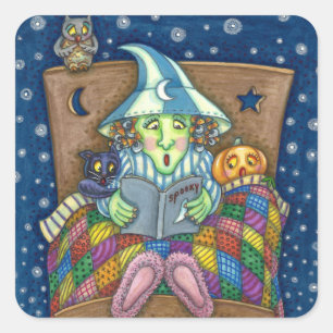 WITCH TELLING SPOOKY BEDTIME STORIES, HALLOWEEN VIERKANTE STICKER