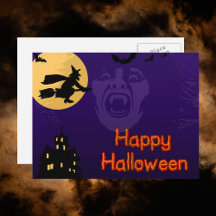 Witch, Vampire en Briefkaart met haunted House