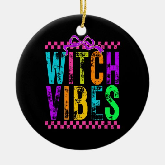 Witch Vibes Halloween Neon Checkered Bow Keramisch Ornament (Voorkant)