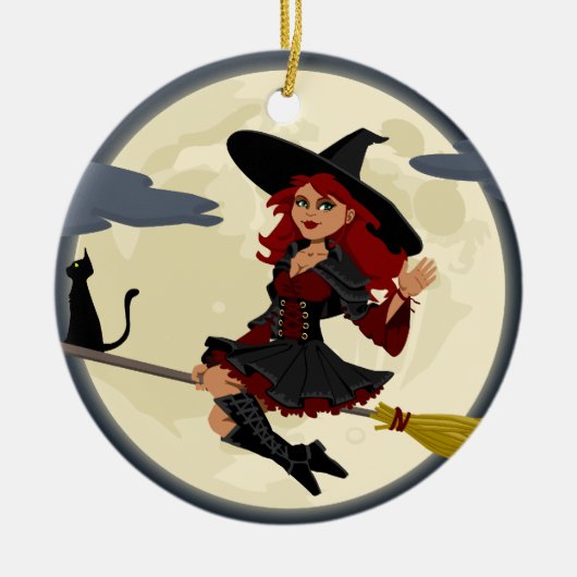 Witch vliegt op Broom Keramisch Ornament (Voorkant)