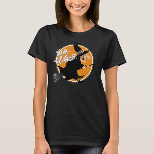 Witch vliegt op Broomstick Happy Halloween T-shirt (Voorkant)