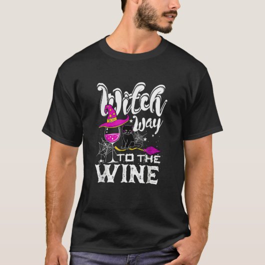 Witch Way O He Wine Halloween Drinking Black Cat T-shirt (Voorkant)