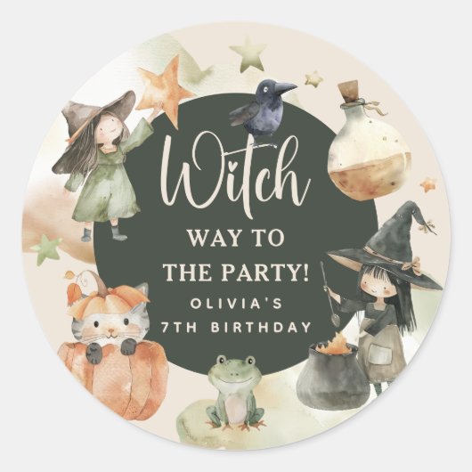 Witch Way to the Party' Kids Halloween Birthday Ronde Sticker (Voorkant)