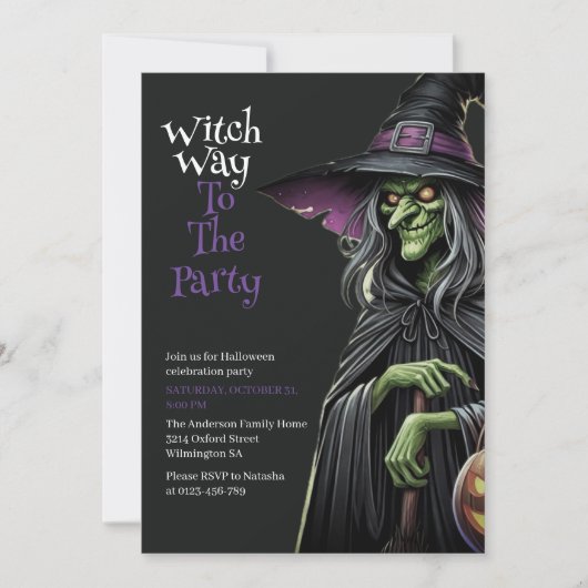 Witch Way to the Party Uitnodiging voor Halloween (Voorkant)