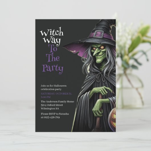 Witch Way to the Party Uitnodiging voor Halloween (Staand voorkant)
