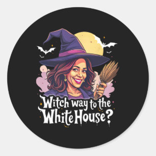 Witch Way To The White House Kat Lady Kamala blij Ronde Sticker