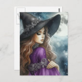 Witch Wearing Black and Purple and a Full Moon Briefkaart (Voorkant / Achterkant)
