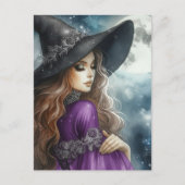 Witch Wearing Black and Purple and a Full Moon  Briefkaart (Voorkant)