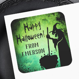 Witch witch cauldron gren black Happy Halloween Sq Vierkante Sticker