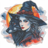Witch with a Wolf beroemd gemaakt door Halloween F Sticker (Voorkant)