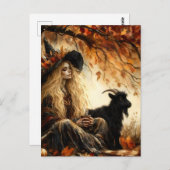 Witch With Coffee and Her Pet Black Goat in Autumn Briefkaart (Voorkant / Achterkant)