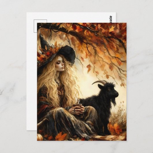 Witch With Coffee and Her Pet Black Goat in Autumn Briefkaart (Voorkant / Achterkant)
