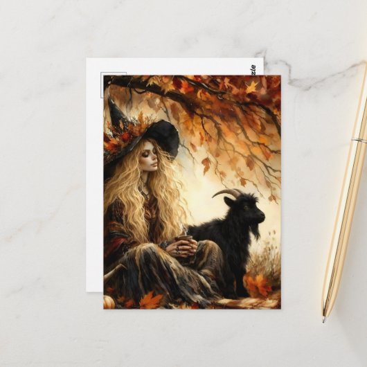 Witch With Coffee and Her Pet Black Goat in Autumn Briefkaart (Voorkant / Achterkant in situ)