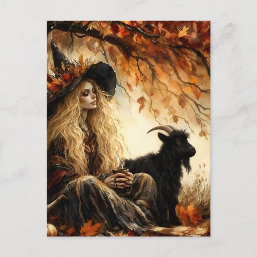 Witch With Coffee and Her Pet Black Goat in Autumn Briefkaart (Voorkant)